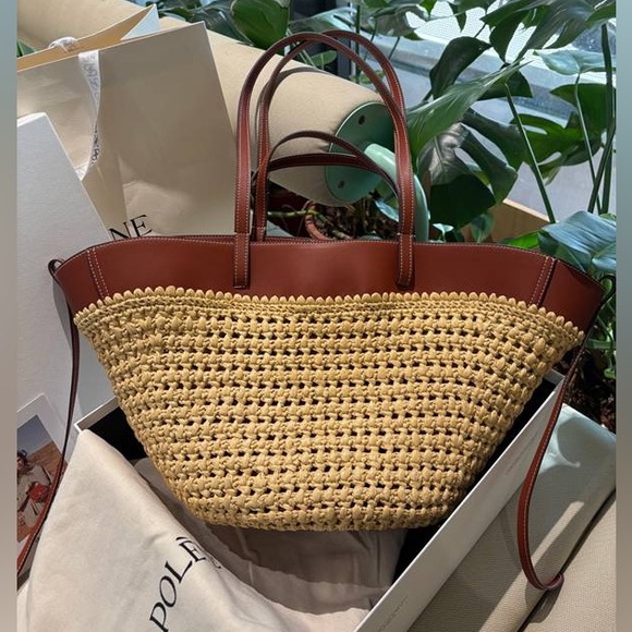 Polene Handbags - Polene Paris Crochet Straw Tote Bag Browm Leather Trim